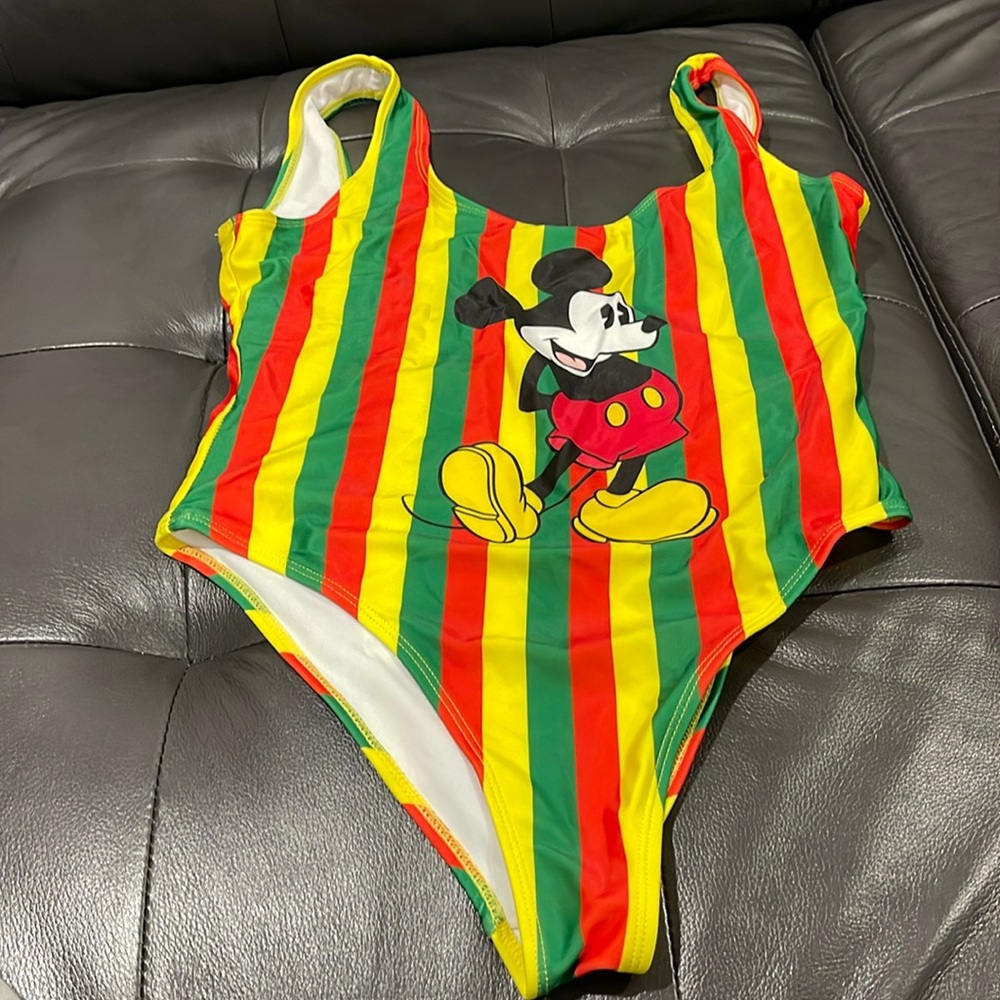 Disney Striped Mickey Mouse One Piece Swimsuit - Red, Yellow, Green